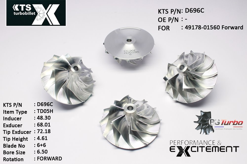 Turbo ROUE FORGÉE MFS PERFORMANCE - 6+6 PALES - INDUCER : 48,3 - EXDUCER : 68,01 - TYPE : TD05HANGLE : 55° - ROTATION : Forward - SUPER BACK : 2,9 - BORE SIZE : 6,5
